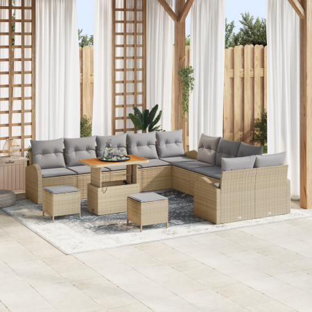 Juego de Sofá de Jardín de 13 Piezas con Cojines Beige Poliratán Acacia | Foro24.es | Tu tienda online para hogar, jardín y más Foro24.es