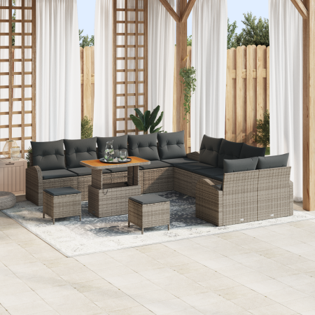 Set de Sofá de Jardín de 13 Piezas con Cojines Ratán Gris Polirratán Acacia | Foro24.es | Tu tienda online para hogar, jardín y más Foro24.es