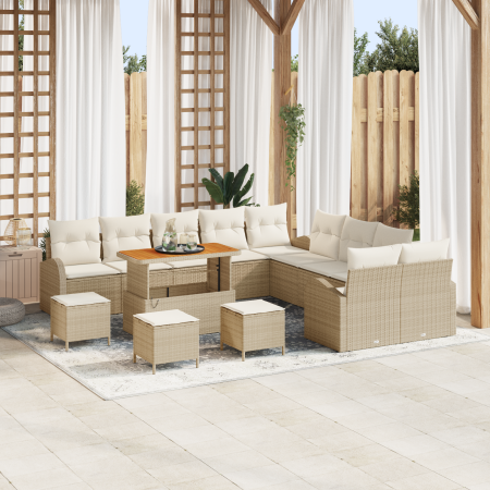 Juego de Sofás de Jardín de 14 Piezas con Cojines Beige de Ratán Polímero y Acacia | Foro24.es | Tu tienda online para hogar, jardín y más Foro24.es