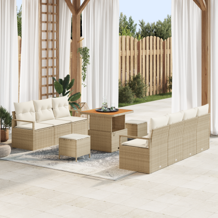 Juego de Sofás de Jardín de 10 Piezas con Cojines Beige Poliratán Acacia | Foro24.es | Tu tienda online para hogar, jardín y más Foro24.es