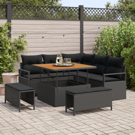 Juego de Sofá para Jardín de 8 Piezas con Cojines Negro Poliratán Acacia | Foro24.es | Tu tienda online para hogar, jardín y más Foro24.es