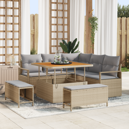 Conjunto de Sofá de Jardín de 8 Piezas con Cojines Beige Ratán Poli Acacia | Foro24.es | Tu tienda online para hogar, jardín y más Foro24.es