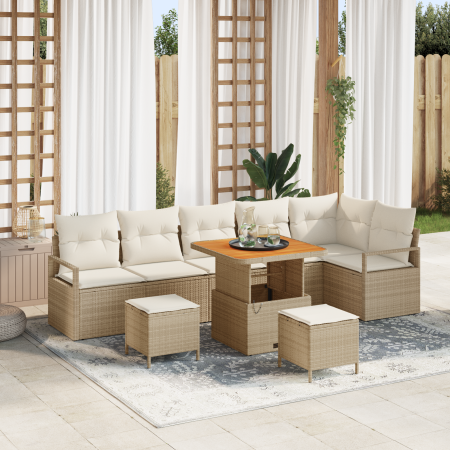 Juego de Sofás de Jardín de 9 Piezas con Cojines Beige Poliratán Acacia | Foro24.es | Tu tienda online para hogar, jardín y más Foro24.es