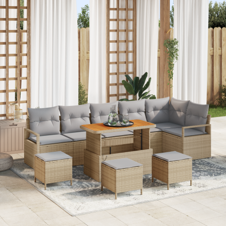 Juego de Sofás de Jardín de 10 Piezas con Cojines Beige de Ratán Poliéster Acacia | Foro24.es | Tu tienda online para hogar, jardín y más Foro24.es