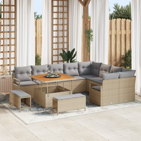 Juego de Sofá de Jardín de 12 Piezas con Cojines Beige de Ratán Poliéster Acacia | Foro24.es | Tu tienda online para hogar, jardín y más Foro24.es