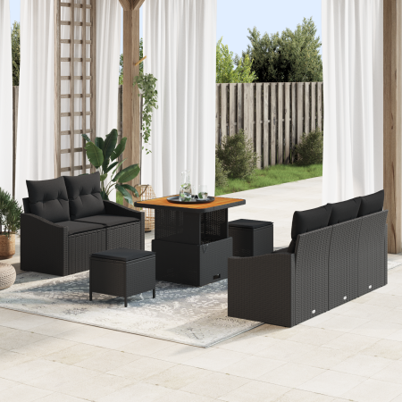 Juego de Sofá de Jardín de 8 Piezas con Cojines Negros Poliratán Acacia | Foro24.es | Tu tienda online para hogar, jardín y más Foro24.es