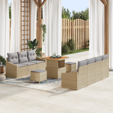 Juego de Sofá de Jardín de 10 Piezas con Cojines Beige Poliratán Acacia | Foro24.es | Tu tienda online para hogar, jardín y más Foro24.es