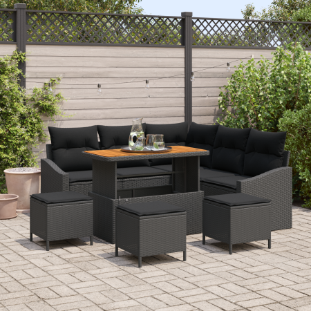 Juego de Sofá de Jardín de 9 Piezas con Cojines Negros de Poliratán Acacia von , Outdoor-Sofas - Ref: Foro24-3362659, Preis: ...