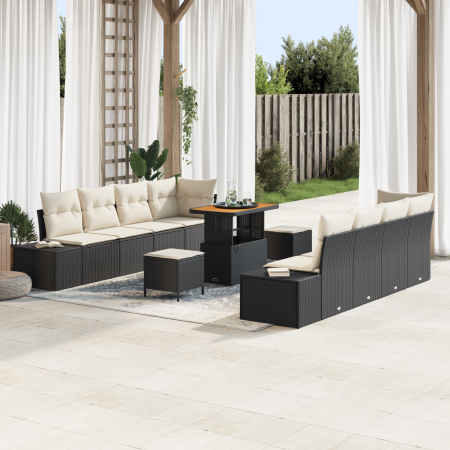Juego de Sofá de Jardín de 11 Piezas con Cojines Ratán Poliratan Negro Acacia | Foro24.es | Tu tienda online para hogar, jardín y más Foro24.es