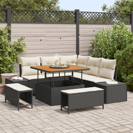 Conjunto de Sofá de Jardín de 8 Piezas con Cojines de Ratán Poliéster Negro Acacia | Foro24.es | Tu tienda online para hogar, jardín y más Foro24.es