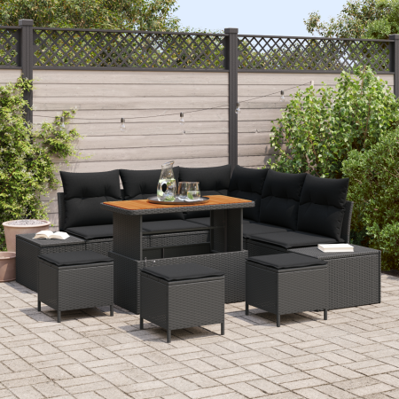 Juego de Sofá de Jardín de 9 Piezas con Cojines Negro Ratán Poliéster Acacia von , Outdoor-Sofas - Ref: Foro24-3362789, Preis...