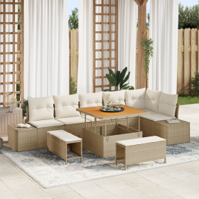 Conjunto de Sofá de Jardín de 9 Piezas con Cojines Beige de Ratán Poliéster Acacia von , Outdoor-Sofas - Ref: Foro24-3362796,...