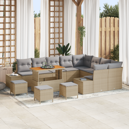 Juego de Sofá de Jardín de 13 Piezas con Cojines Beige Ratán Poliéster Acacia von , Outdoor-Sofas - Ref: Foro24-3362832, Prei...