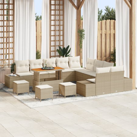 Juego de Sofá de Jardín de 14 Piezas con Cojines Beige Poliratán Acacia | Foro24.es | Tu tienda online para hogar, jardín y más Foro24.es