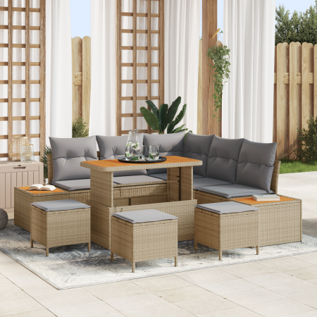 Juego de Sofá de Jardín de 9 Piezas con Cojines Beige de Ratán Polipropileno Acacia von , Outdoor-Sofas - Ref: Foro24-3362922...