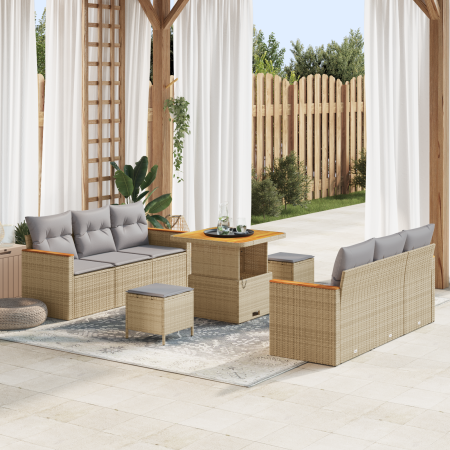 Juego de Sofás de Jardín de 9 Piezas con Cojines Beige de Ratán Poliéster Acacia von , Outdoor-Sofas - Ref: Foro24-3362997, P...