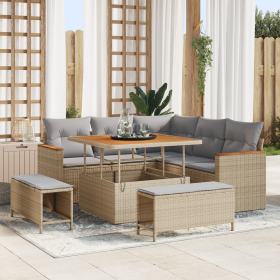 Set de Sofá de Jardín de 8 Piezas con Cojines Beige Ratán Poliéster Acacia von , Outdoor-Sofas - Ref: Foro24-3363037, Preis: ...
