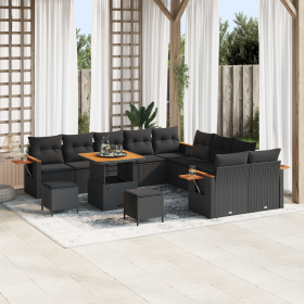 Juego de Sofás de Jardín de 13 Piezas con Almohadas de Ratán Negro y Acacia by , Outdoor sofas - Ref: Foro24-3363229, Price: ...