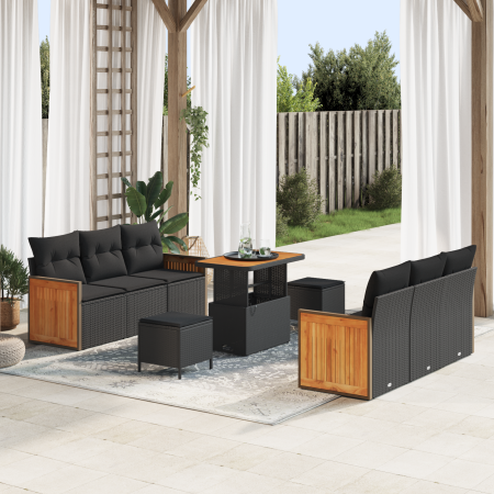 Juego de Sofá de Jardín de 9 Piezas con Cojines Negro Ratán de Polietileno Acacia von , Outdoor-Sofas - Ref: Foro24-3363259, ...