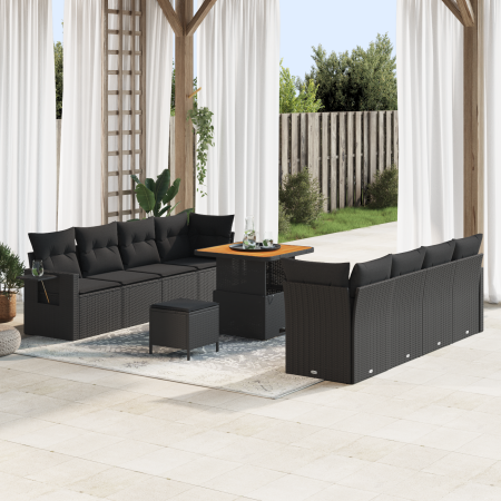 Juego de Sofá de Jardín de 11 Piezas con Cojines de Poliratán Negro y Acacia von , Outdoor-Sofas - Ref: Foro24-3363664, Preis...
