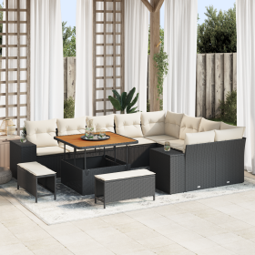 Juego de Sofá de Jardín de 12 Piezas con Cojines Negro Poliratán Acacia von , Outdoor-Sofas - Ref: Foro24-3363985, Preis: 882...