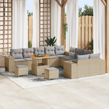 Juego de Sofá de Jardín de 13 Piezas con Cojines Beige Ratán Polimérico Acacia von , Outdoor-Sofas - Ref: Foro24-3364012, Pre...