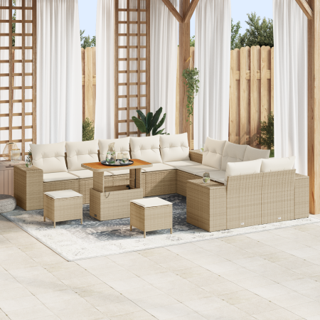 Conjunto de sofá de jardín de 13 piezas con cojines Beige Ratán Poliester Acacia von , Outdoor-Sofas - Ref: Foro24-3364016, P...
