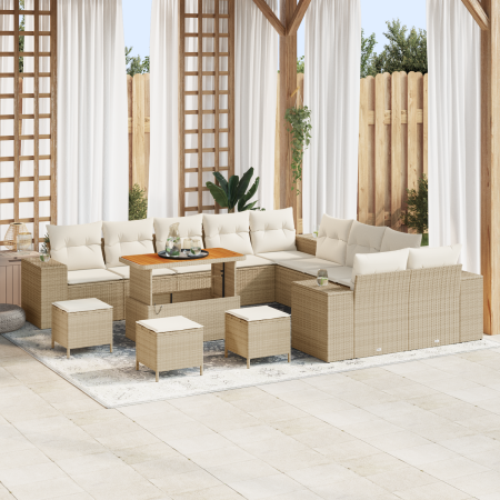 Conjunto de Sofás de Jardín de 14 Piezas con Cojines Beige de Ratán Polímero Acacia von , Outdoor-Sofas - Ref: Foro24-3364021...