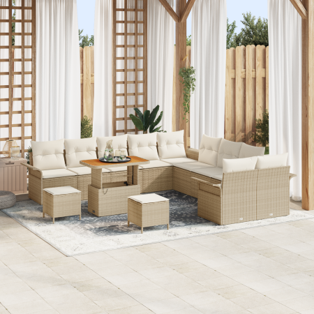 Juego de Sofá de Jardín de 13 Piezas con Cojines Beige Ratán Poliéster Acacia | Foro24.es | Tu tienda online para hogar, jardín y más Foro24.es