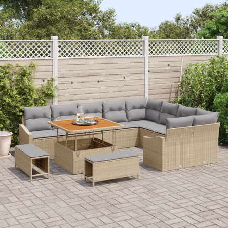 Juego de Sofás de Jardín de 12 Piezas con Cojines Beige de Poliratán Acacia von , Outdoor-Sofas - Ref: Foro24-3364637, Preis:...