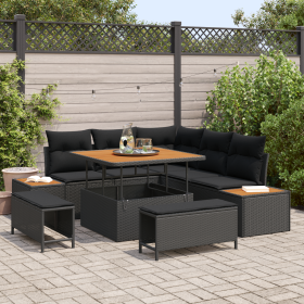 Juego de Sofá de Jardín de 8 Piezas con Cojines Ratán Poliéster Negro Acacia von , Outdoor-Sofas - Ref: Foro24-3364854, Preis...