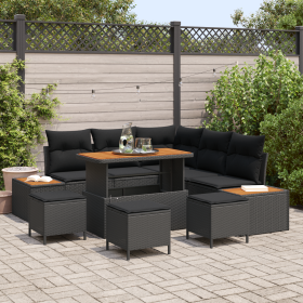 Juego de Sofá de Jardín de 9 Piezas con Cojines de Poliratán Negro y Acacia von , Outdoor-Sofas - Ref: Foro24-3364869, Preis:...