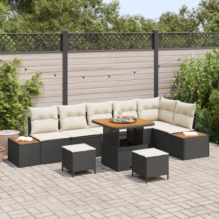 Juego Sofá Jardín 9 Piezas Cojines Ratán Poliéster Negro Acacia by , Outdoor sofas - Ref: Foro24-3364880, Price: 615,08 €, Di...
