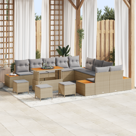 Juego de Sofá de Jardín de 14 Piezas con Cojines Beige Poliratán Acacia | Foro24.es | Tu tienda online para hogar, jardín y más Foro24.es