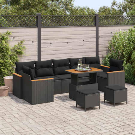 Juego de Sofás de Jardín de 10 Piezas con Cojines Negro Ratán de Polímero Acacia von , Outdoor-Sofas - Ref: Foro24-3364979, P...