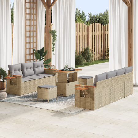 Juego de Sofás de Jardín de 10 Piezas con Cojines Beige de Poliratán y Acacia von , Outdoor-Sofas - Ref: Foro24-3365092, Prei...