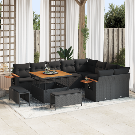Juego de Sofá de Jardín de 12 Piezas con Cojines Negro de Poliratán y Acacia by , Outdoor sofas - Ref: Foro24-3365154, Price:...