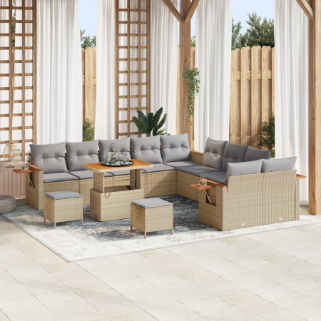 Juego de Sofá de Jardín de 13 Piezas con Cojines Beige de Poliratán Acacia | Foro24.es | Tu tienda online para hogar, jardín y más Foro24.es