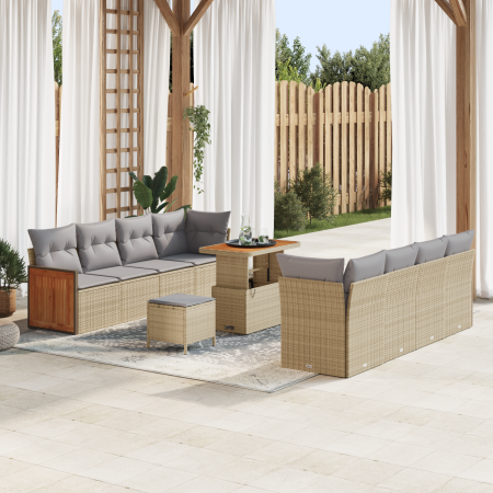 Juego de Sofá de Jardín de 11 Piezas con Cojines Beige Ratán Poliéster Acacia von , Outdoor-Sofas - Ref: Foro24-3365232, Prei...