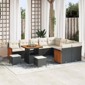 Set de sofá de jardín de 12 piezas con cojines de poliratán negro y acacia von , Outdoor-Sofas - Ref: Foro24-3365290, Preis: ...