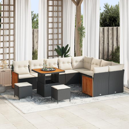 Set de sofá de jardín de 12 piezas con cojines de poliratán negro y acacia by , Outdoor sofas - Ref: Foro24-3365290, Price: 7...