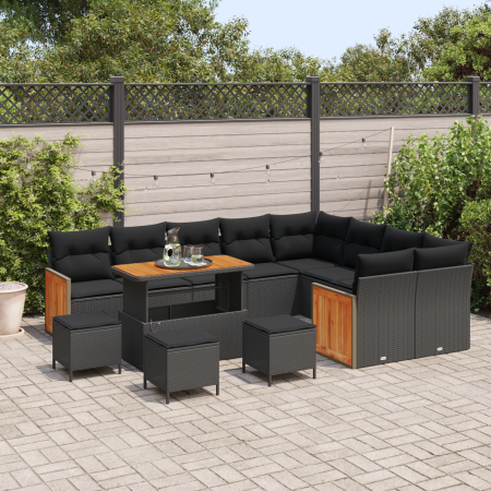 Juego de Sofá de Jardín de 13 Piezas con Cojines de Rattan Negro Acacia von , Outdoor-Sofas - Ref: Foro24-3365299, Preis: 868...