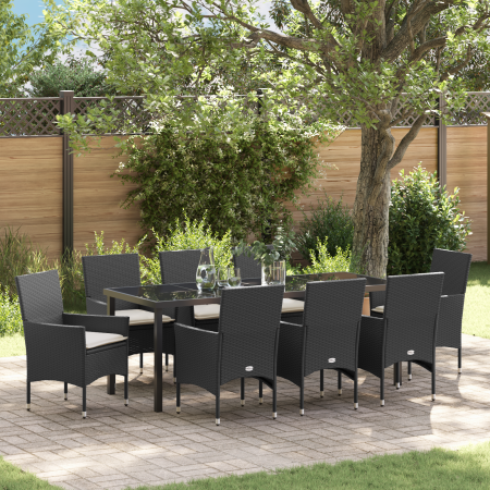 Juego de Comedor de Jardín de 9 Piezas con Cojines de Ratán Sintético Negro by , Garden chairs - Ref: Foro24-3379771, Price: ...