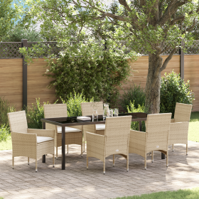 Conjunto de Comedor de Jardín de 7 Piezas con Cojines Beige Poliratán, Mesa de Jardín Negra 200x80x73 cm Vidrio Templado von ...