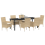 Conjunto de Comedor de Jardín de 7 Piezas con Cojines Beige Poliratán, Mesa de Jardín Negra 200x80x73 cm Vidrio Templado von ...