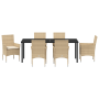 Conjunto de Comedor de Jardín de 7 Piezas con Cojines Beige Poliratán, Mesa de Jardín Negra 200x80x73 cm Vidrio Templado von ...