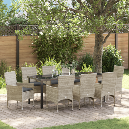 Juego de Comedor de Jardín de 9 Piezas con Cojines Gris Claro Poliéster Ratán | Foro24.es | Tu tienda online para hogar, jardín y más Foro24.es