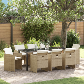 Juego de Comedor de Jardín de 9 Piezas con Cojines Beige Poliratán de , Sillas de jardín - Ref: Foro24-3380608, Precio: 468,80 €