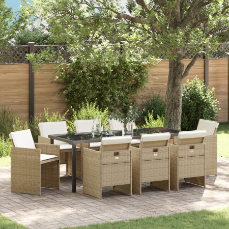 Juego de Comedor de Jardín de 9 Piezas con Cojines Beige Poliratán | Foro24.es | Tu tienda online para hogar, jardín y más Foro24.es