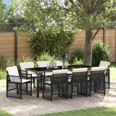 Juego de Comedor de Jardín de 9 Piezas con Cojines Negros de Poliratán, Mesa de Jardín  Negra 200x80x73 cm Cristal Templado | Foro24.es | Tu tienda online para hogar, jardín y más Foro24.es